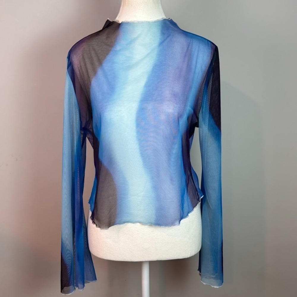 Womens Blue Wave Pattern Flared Sleeve Sheer Blouse size Small Festival whimsy